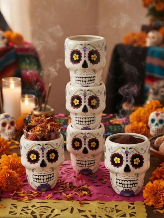 Williams Sonoma Other - Williams Sonoma Day of the Dead Sugar Skull Mug Cup Set of 4 White Floral